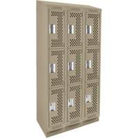 Clean Line Lockers, 3 -tier, Bank of 3, 36" x 15" x 82", Steel, Beige, Rivet (Assembled), Perforated Absolute Business Supply