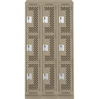 Clean Line Lockers, 3 -tier, Bank of 3, 36" x 15" x 82", Steel, Beige, Rivet (Assembled), Perforated Absolute Business Supply