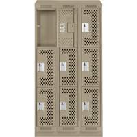 Clean Line Lockers, 3 -tier, Bank of 3, 36" x 15" x 82", Steel, Beige, Rivet (Assembled), Perforated Absolute Business Supply