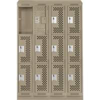 Clean Line Lockers, 3 -tier, Bank of 4, 48" x 18" x 82", Steel, Beige, Rivet (Assembled), Perforated Absolute Business Supply