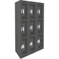 Clean Line Lockers, 3 -tier, Bank of 3, 36" x 12" x 72", Steel, Charcoal, Rivet (Assembled), Perforated Absolute Business Supply