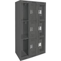 Clean Line Lockers, 3 -tier, Bank of 3, 36" x 12" x 72", Steel, Charcoal, Rivet (Assembled), Perforated Absolute Business Supply