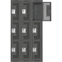 Clean Line Lockers, 3 -tier, Bank of 3, 36" x 12" x 72", Steel, Charcoal, Rivet (Assembled), Perforated Absolute Business Supply