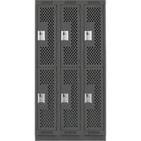 Clean Line Lockers, 2 -tier, Bank of 3, 36" x 18" x 76", Steel, Charcoal, Rivet (Assembled), Perforated Absolute Business Supply