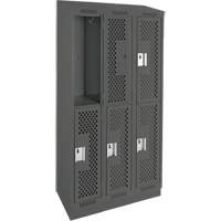 Clean Line Lockers, 2 -tier, Bank of 3, 36" x 15" x 82", Steel, Charcoal, Rivet (Assembled), Perforated Absolute Business Supply