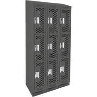 Clean Line Lockers, 3 -tier, Bank of 3, 36" x 18" x 82", Steel, Charcoal, Rivet (Assembled), Perforated Absolute Business Supply