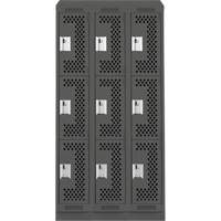 Clean Line Lockers, 3 -tier, Bank of 3, 36" x 18" x 82", Steel, Charcoal, Rivet (Assembled), Perforated Absolute Business Supply