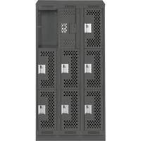Clean Line Lockers, 3 -tier, Bank of 3, 36" x 18" x 82", Steel, Charcoal, Rivet (Assembled), Perforated Absolute Business Supply
