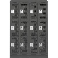 Clean Line Lockers, 3 -tier, Bank of 4, 48" x 18" x 82", Steel, Charcoal, Rivet (Assembled), Perforated Absolute Business Supply
