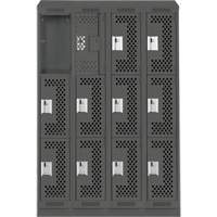 Clean Line Lockers, 3 -tier, Bank of 4, 48" x 18" x 82", Steel, Charcoal, Rivet (Assembled), Perforated Absolute Business Supply