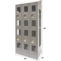 Vented Lockers, 2 -tier, Bank of 3, 36" x 18" x 88", Steel, Grey, Knocked Down, Perforated Absolute Business Supply