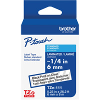 Ruban lamin&eacute; TZe-111 pour &eacute;tiqueteuses P-Touch compatibles avec les rubans TZe, Noir sur transparent, Largeur de 0,23" Absolute Business Supply