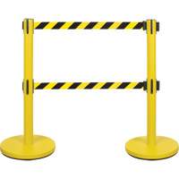 Barri&egrave;re pour le contr&ocirc;le des foules &agrave; courroie double, Acier, 35" h, Ruban Noir/Jaune, Longueur du ruban 7' Absolute Business Supply