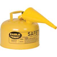 Bidon de s&eacute;curit&eacute; pour le diesel avec entonnoir, Type I, Acier galvanis&eacute;, 2,5 gal. US, Jaune, Homologu&eacute; FM/List&eacute; UL/ULC Absolute Business Supply